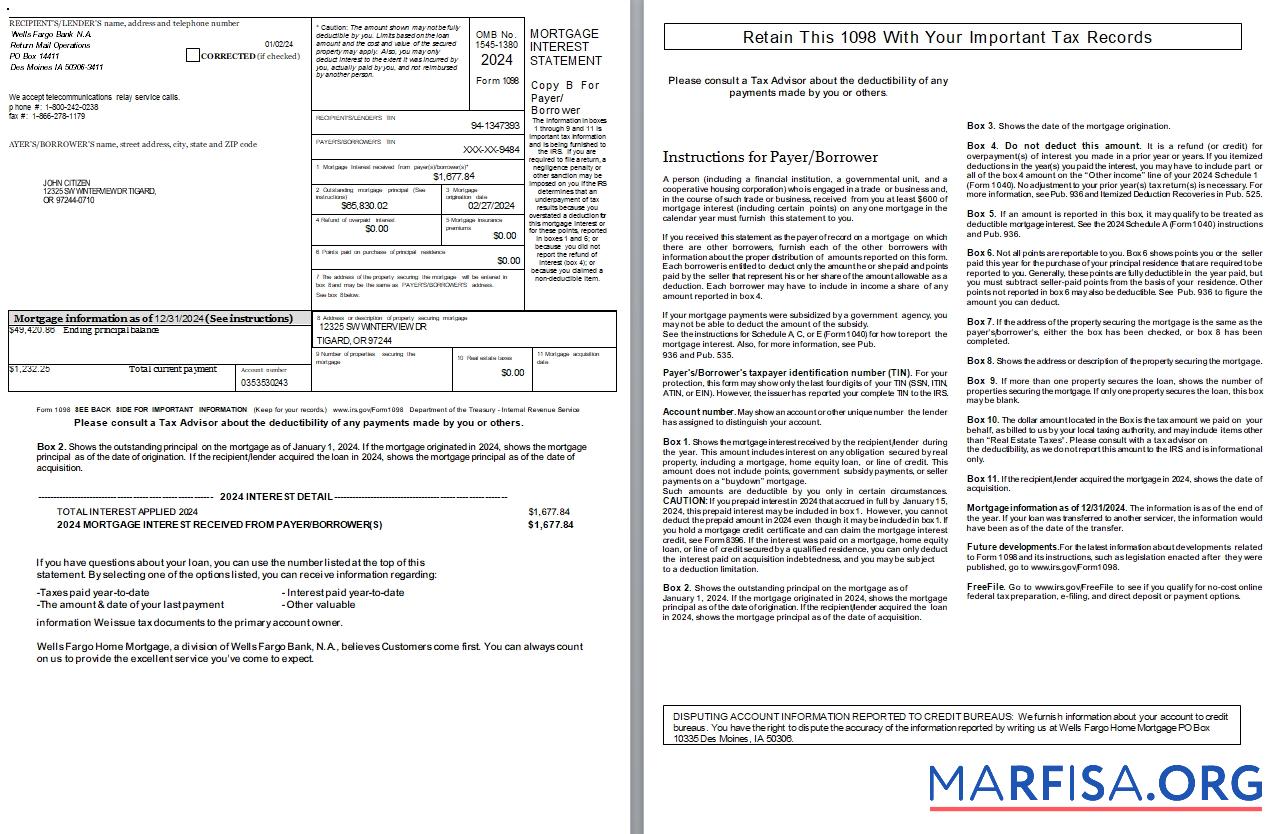 Printable USA Iowa Wells Fargo bank mortgage interest statement, 2 pages scr sample